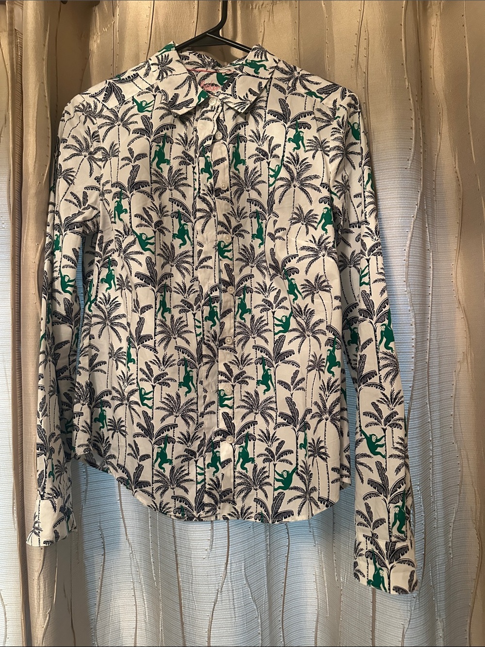 Boden White Button-Down Shirt with Navy Palm Print & Green monkey Accents